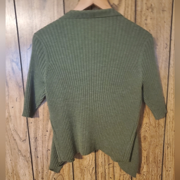 EILEEN FISHER Green Ribbed Merino Wool Open Draped Cardigan - Medium - Picture 4 of 5